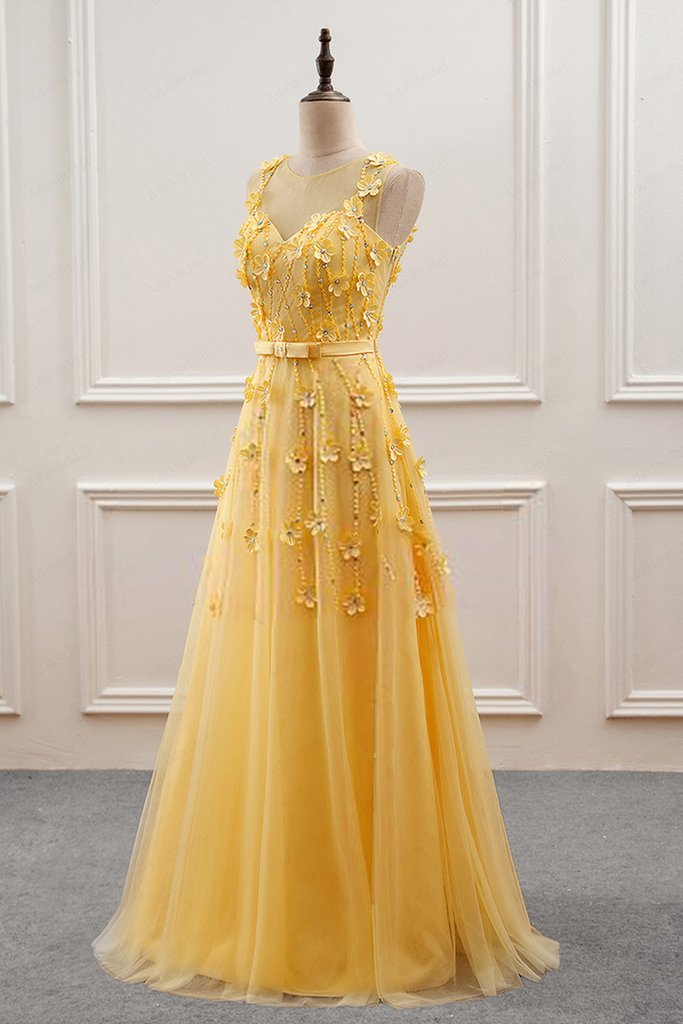 Yellow Flowers Tulle Long New Prom Dress, A-line Party Dress HZ1023