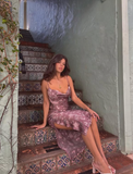 Dark Purple Sheath Spaghetti Strap Print Floral Satin Prom Dress Party Dress HZ1023