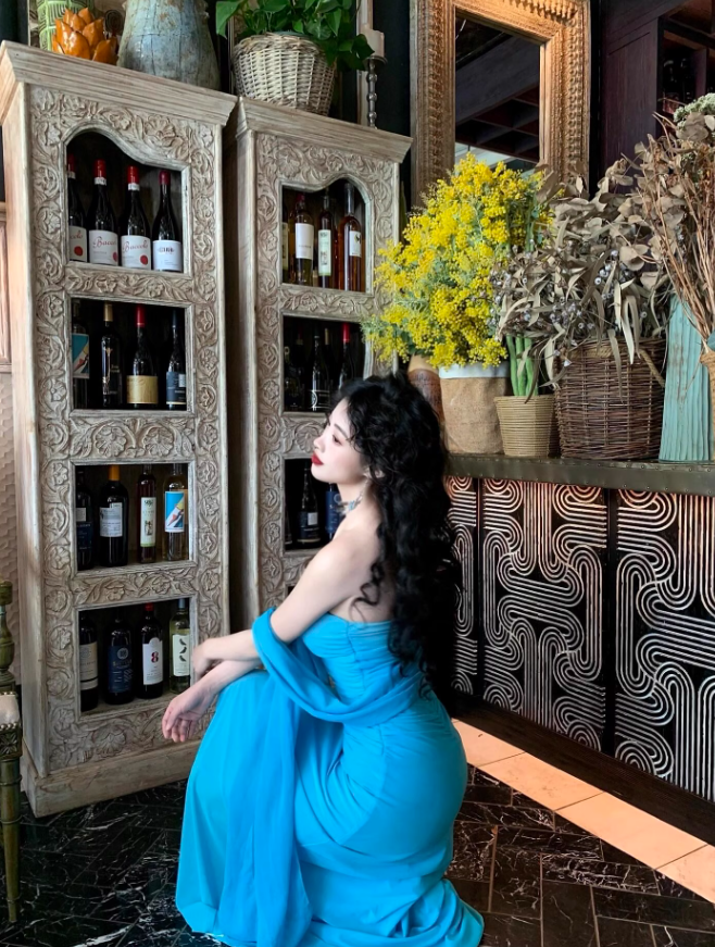 Blue Mermaid Strapless Beaded Chiffon Prom Dress Vacation Dress HZ1023