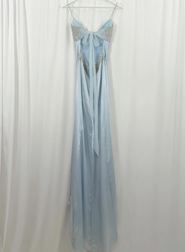 Baby Blue A Line Spaghetti Strap Sequin Satin Long Prom Dress Gown Dress HZ1023