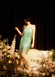 Shiny Bright Green Sequin A Line Spaghetti Strap Short Homecoming Dress Cocktail Dress HZ1023
