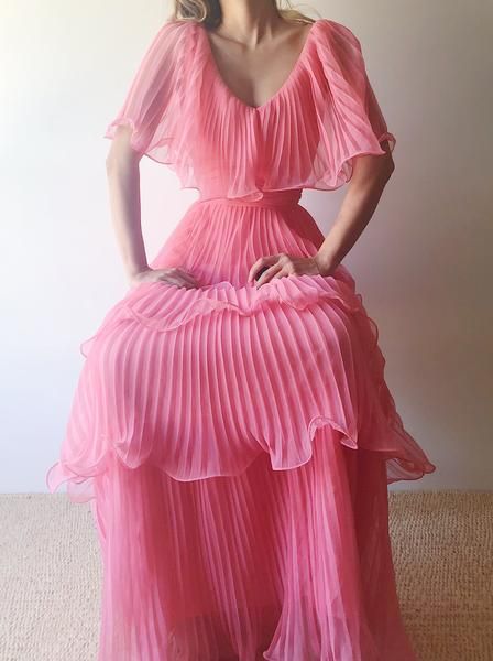 Pink Layered Chiffon A Line V Neck Simple Long Party Dress Evening Dress 18 Birthday Dress HZ1023