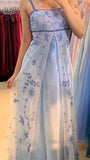 Vintage A Line Spaghetti Strap Beaded Blue Ombre Satin Tulle Party Dress Evening Dress HZ1023