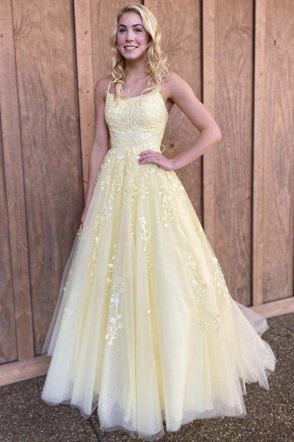 Yellow lace long prom dress A line evening dress HZ1023
