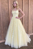 Yellow lace long prom dress A line evening dress HZ1023
