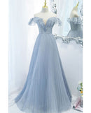 Blue A Line Off the Shoulder Pleated Tulle Prom Dress With Ruffles HZ1023