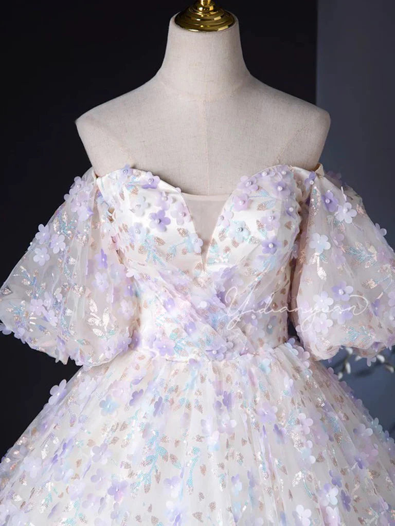 A Line Puff Sleeves Sweetheart Neck Appliques Tulle Long Prom Dress Ball Gown HZ1023