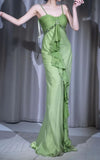 Unique Mermaid Spaghetti Strap Beaded Ruffle Green Satin Chiffon Party Dress Evening Dress HZ1023