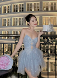 Cute Blue A Line Spaghetti Strap Sequins Tulle Short Birthday Dress Outfits HZ1023