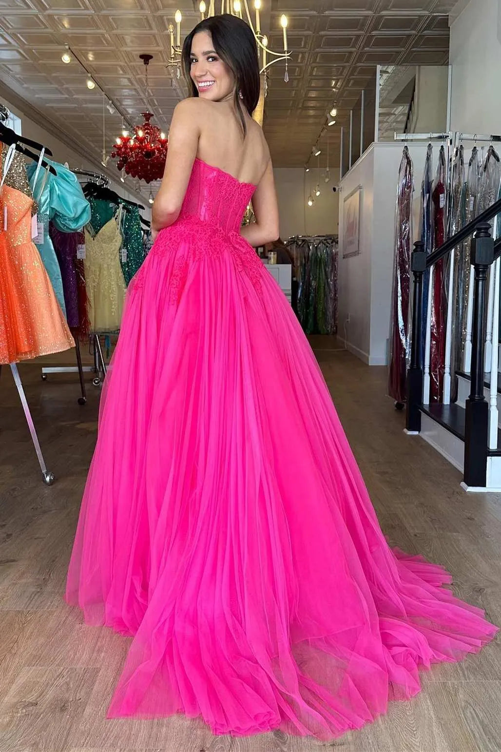 A Line Sweetheart Neck Hot Pink Tulle Lace Long Prom Dress HZ1023