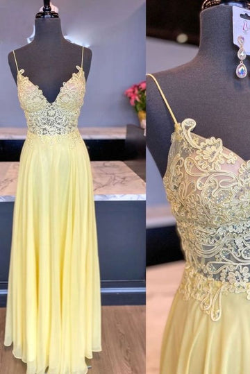 Yellow v neck tulle long prom dress HZ1023