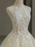 A Line Halter Lace Tulle Long Sweep Train Prom Dress Evening Dress HZ1023