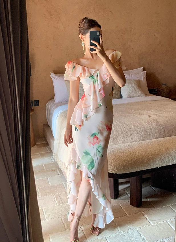 Light Pink Mermaid V Neck Print Floral Ruffle Chiffon Summer Dress Party Dress Outfits with Slit HZ1023