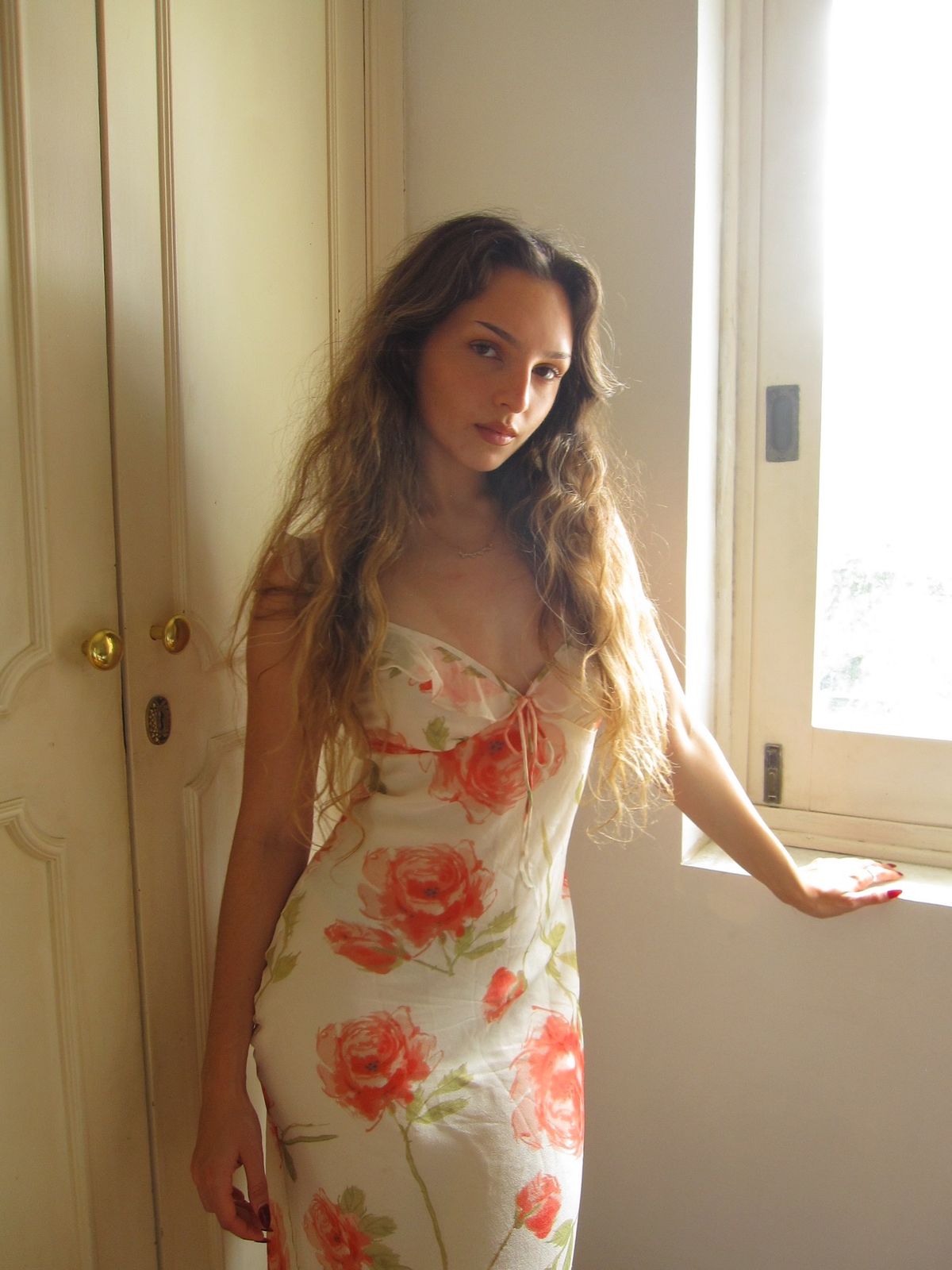 Gentle Sheath Straps Printed Floral Chiffon Tea Length Vacation Dress Outfits HZ1023