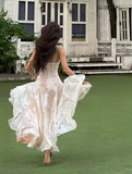 Elegant A Line Spaghetti Strap Print Floral Satin Long Party Dress Wedding Guest Dress HZ1023