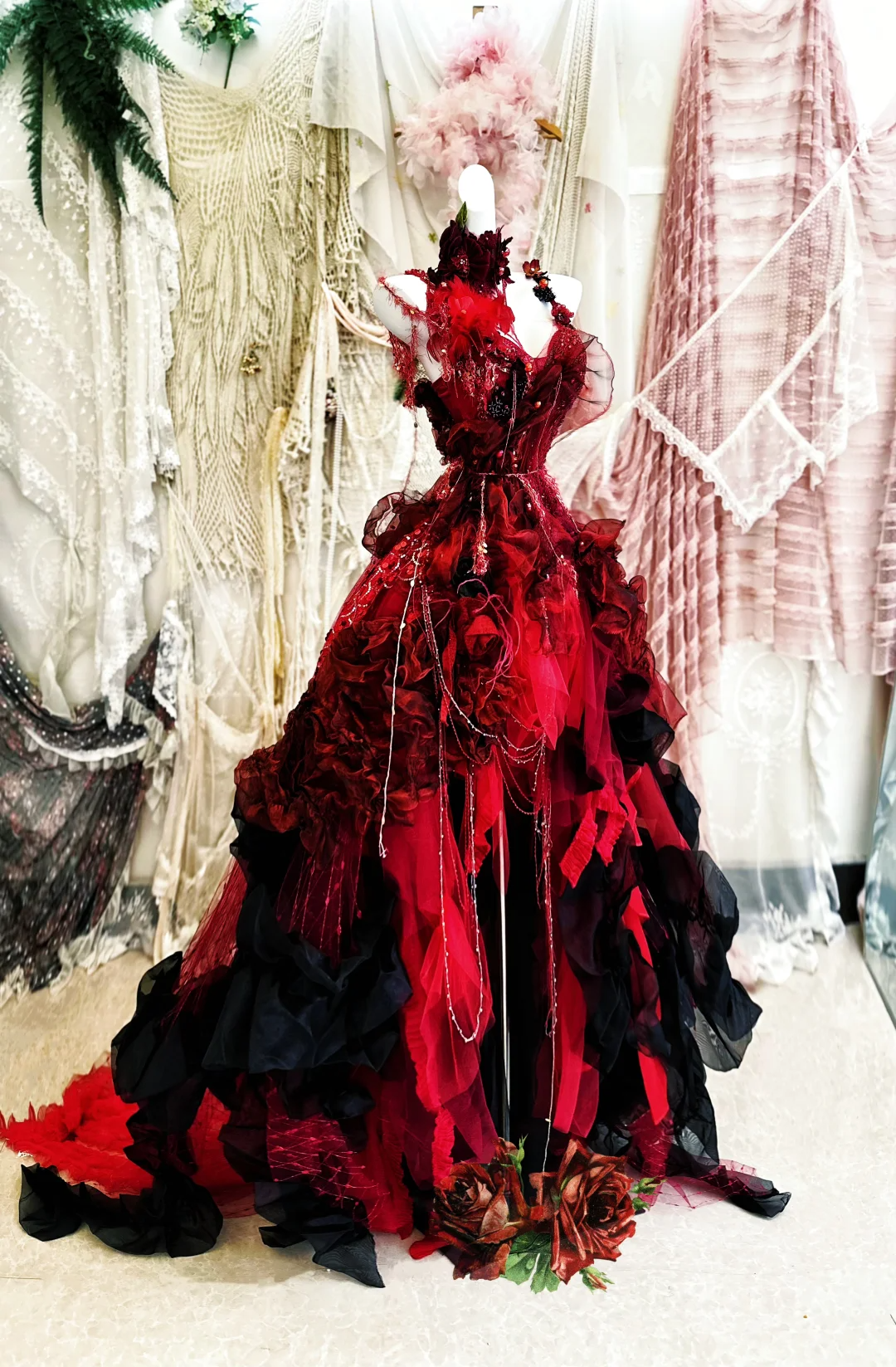 Stunning Burgundy Ball Gown Spaghetti Strap Floral Beaded Tulle Prom Dress 16th Birthday Dress HZ1023