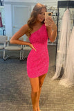 One Shoulder Hot Pink Sequins Tight Party Dress HZ1023