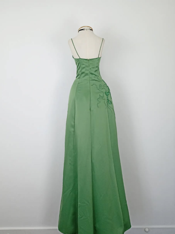Retro A Line Spaghetti Strap Green Beaded Satin Long Evening Dress Party Dress HZ1023