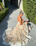 Fairy A Line V Neck Print Floral Chiffon Short High Prom Dress Evening Dress HZ1023