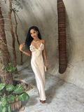 Beige A Line Spaghetti Strap Floral Satin Prom Dress Evening Dress HZ1023