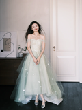 Classy A Line Sweetheart Neck Floral Green Tulle Prom Dress Party Dresses HZ1023