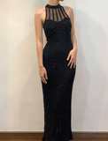 Vintage Sheath Halter Black Beaded Chiffon Prom Dress Evening Dress HZ1023