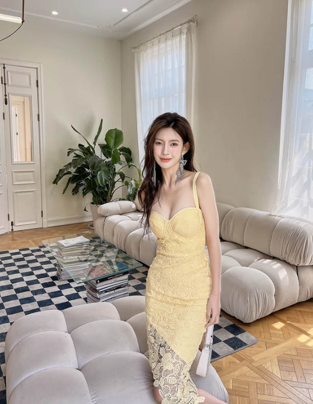 Gentle Yellow Sheath Spaghetti Strap Lace Short Homecoming Dress Cocktail Dress HZ1023