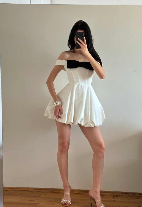 Cute Bow A Line Off the Shoulder White Satin Short Homecoming Dress Party Dress HZ1023