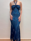 Vintage Mermaid Halter Beaded Navy Blue Chiffon Prom Dress Evening Dress HZ1023