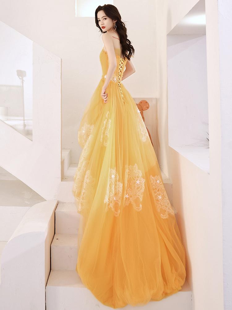 Yellow Unique High Low Tulle with Lace Prom Dress, Yellow Formal Dress Evening Dress HZ1023