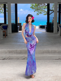 Two Piece Mermaid Halter Purple Print Floral Chiffon Long Prom Dress Outfits HZ1023