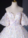 A Line Puff Sleeves Sweetheart Neck Appliques Tulle Long Prom Dress Ball Gown HZ1023