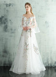 White Tulle Lace Spaghetti Straps Long Evening Dress, Embroidery White Prom Dress HZ1023