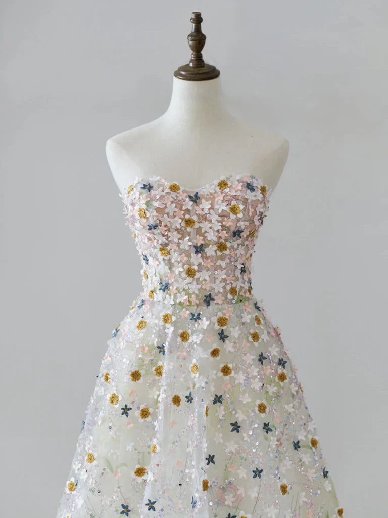 A Line Sweetheart Neck Tulle Lace Flower Long Prom Dress Formal Dress HZ1023