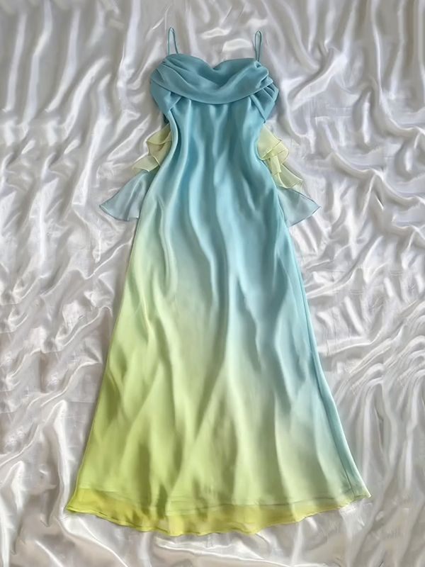 Unique A Line Spaghetti Strap Orange Pink Ombre Chiffon Evening Dress Party Dress HZ1023