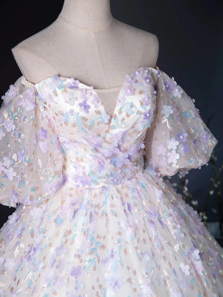 A Line Puff Sleeves Sweetheart Neck Appliques Tulle Long Prom Dress Ball Gown HZ1023