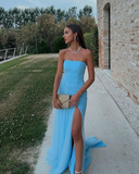 Blue Elegant Slit Prom Dress Long Strapless Evening Dress HZ1023