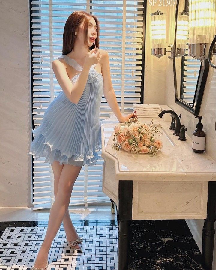Cute A Line Halter Baby Blue Pleated Chiffon Short Homecoming Dress Birthday Dress HZ1023