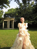 Romantic A Line Puff Sleeve Print Flower Chiffon Party Dress Evening Dress with Slit HZ1023