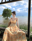Flowy A Line Spaghetti Strap Floral Yellow Chiffon Prom Dress Vacation Dress HZ1023