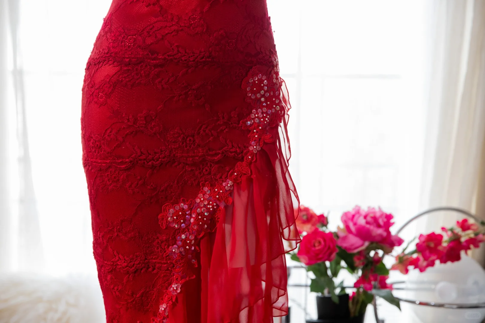 Sexy Sheath Spaghetti Strap Red Lace Chiffon Party Dress Evening Dress HZ1023