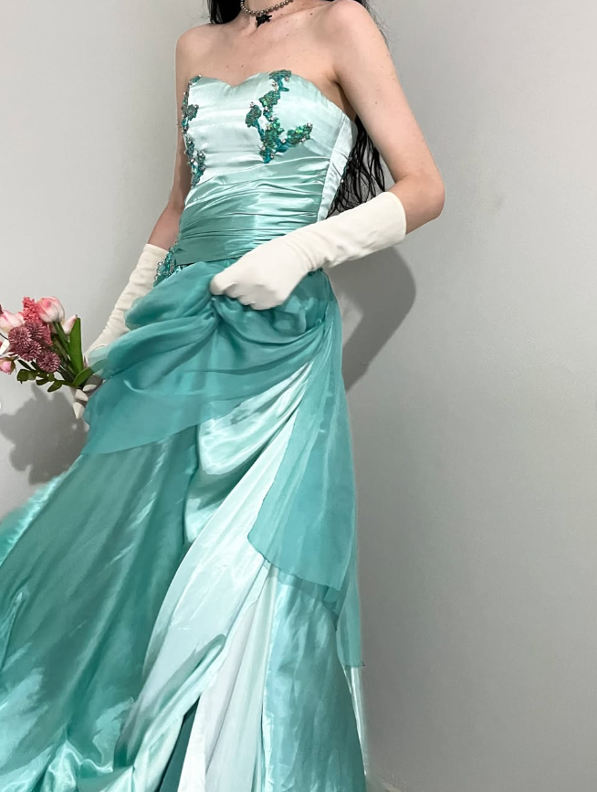 Blue Ombre Vintage A Line Sweetheart Neck Appliques Satin Chiffon Prom Dress Evening Dress HZ1023