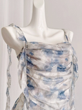 Gentle A Line Straps Blue Print Flower Chiffon Short Homecoming Dress Cocktail Dress HZ1023
