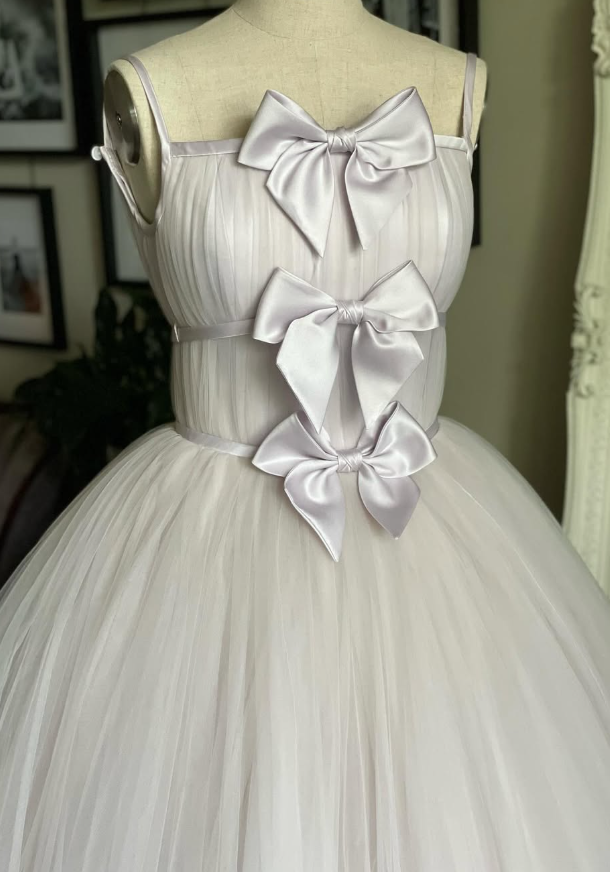 Stunning A Line Spaghetti Strap Bow Light Purple Tulle Long Party Dress Evening Dress HZ1023