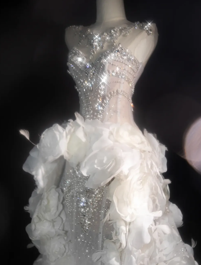 3D Flower White A Line Sweetheart Neck Rhinestone Tulle Long Prom Dress HZ1023