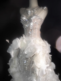 3D Flower White A Line Sweetheart Neck Rhinestone Tulle Long Prom Dress HZ1023
