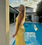 Yellow Sheath V Neck Satin Open Back Long Prom Dress Evening Dress HZ1023