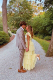 A-Line Square Yellow Tiered Long Prom Dress Princess Tulle Formal Evening Dress HZ1023