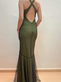 Vintage Mermaid V Neck Beaded Green Chiffon Satin Prom Dress Evening Dress HZ1023
