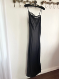 Simple A Line Spaghetti Strap Lace Satin Party Dress Wedding Guest Dress with Slit HZ1023